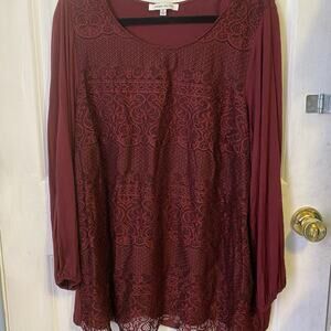 Rose + Olive Women Plus 3X Boho Blouse Top Hippie Mature Office Red Wine Lace